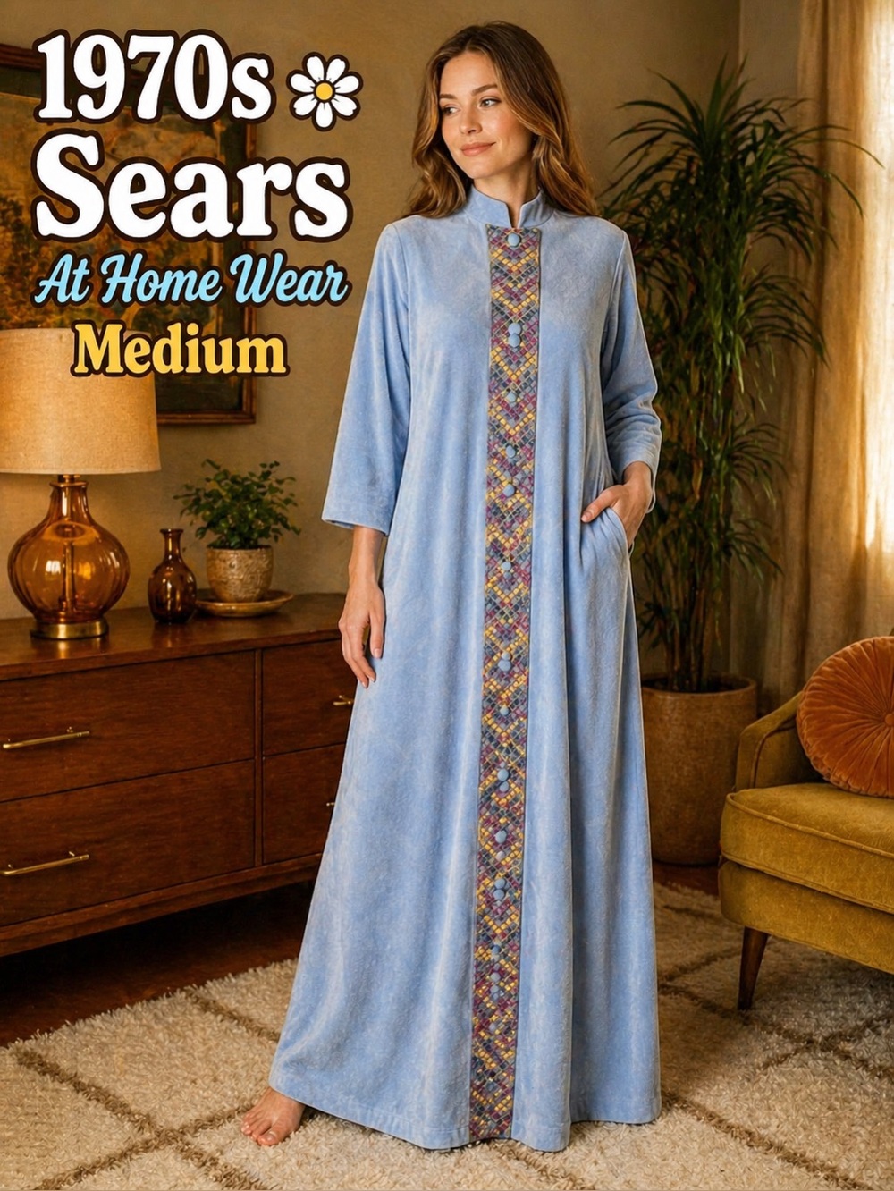 Vintage 70s Sears Hostess Robe Blue Embroidered Brushed Fabric M